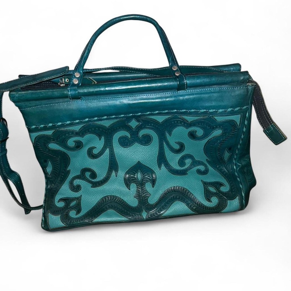 Leaders in Leather Hand Tooled Cutout Tooled Teal Green Tooled Weekender - Picture 4 of 8